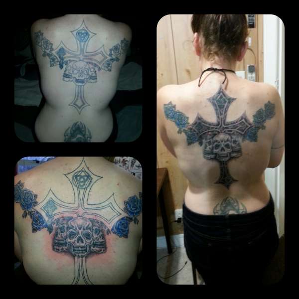 skull blue rose cross cover up tattoo