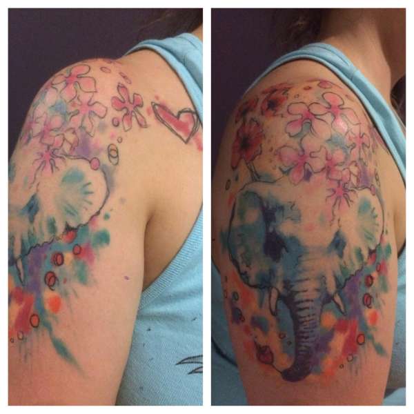 watercolor elephant & flowers tattoo