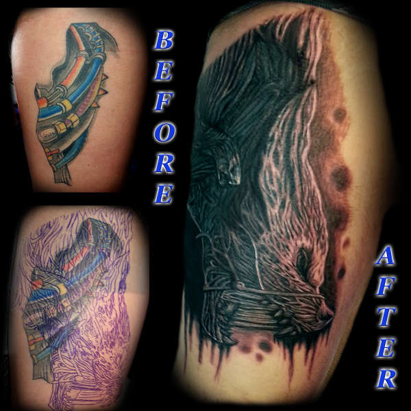 Bio mechanic tattoo cover up with bio organic wolf tattoo tattoo