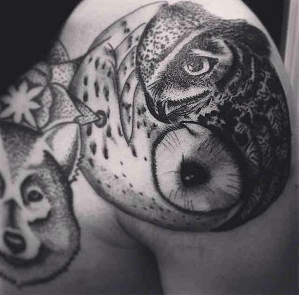 Owls Ying Yang Male Female tattoo