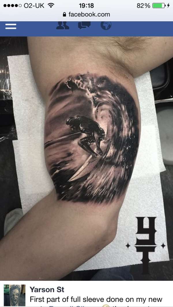 Surfing realism wave water start of full sleeve black and white tattoo