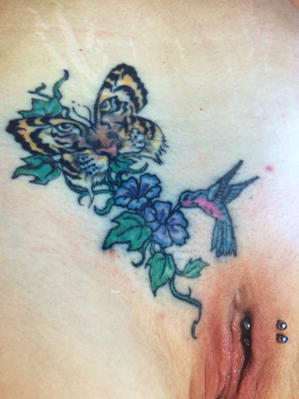 Pubic Tigerfly  and Hummingbird tattoo