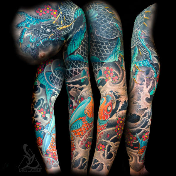 Dragon Koi Tribal Cover Up Sleeve tattoo
