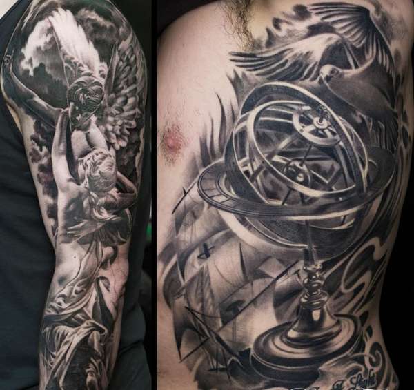 Side tattoo and sleeve by same artist tattoo