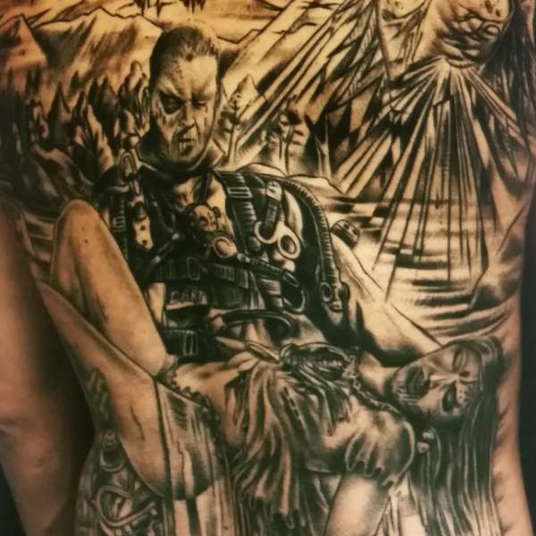 black and grey full back tattoo by Steve'O tattoo