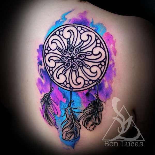 Blue, purple and pink music themed watercolor dreamcatcher tatto tattoo