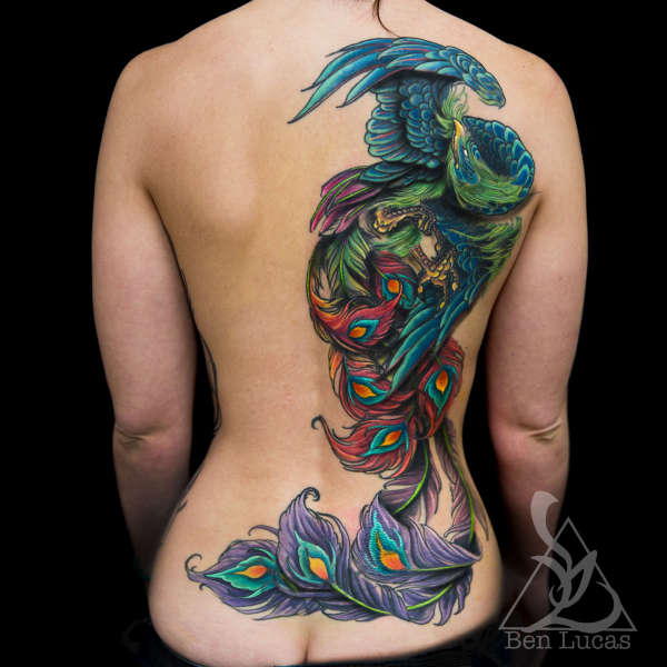 Leah's rainbow phoenix back piece tramp stamp cover up by Ben Lu tattoo