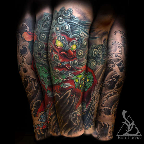 Philips  Red shishi foo dog tribal dragon cover up from knee to tattoo