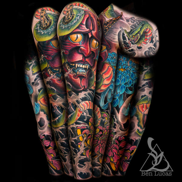 Red Hannya Green Snake and Pink and blue Chrysanthemums in blac tattoo