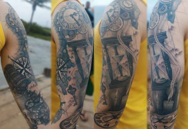 compass, hourglassarm, clock arm sleeve tattoo realistic tattoo