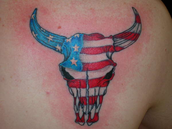 bull skull/flag tattoo