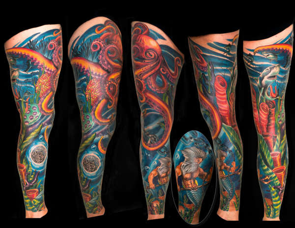 Leg sleeve Poseidon & Octopus tattoo
