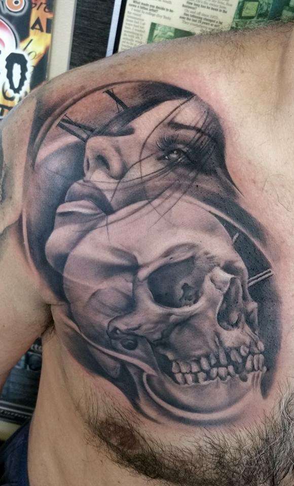Morphing of lady and skull tattoo