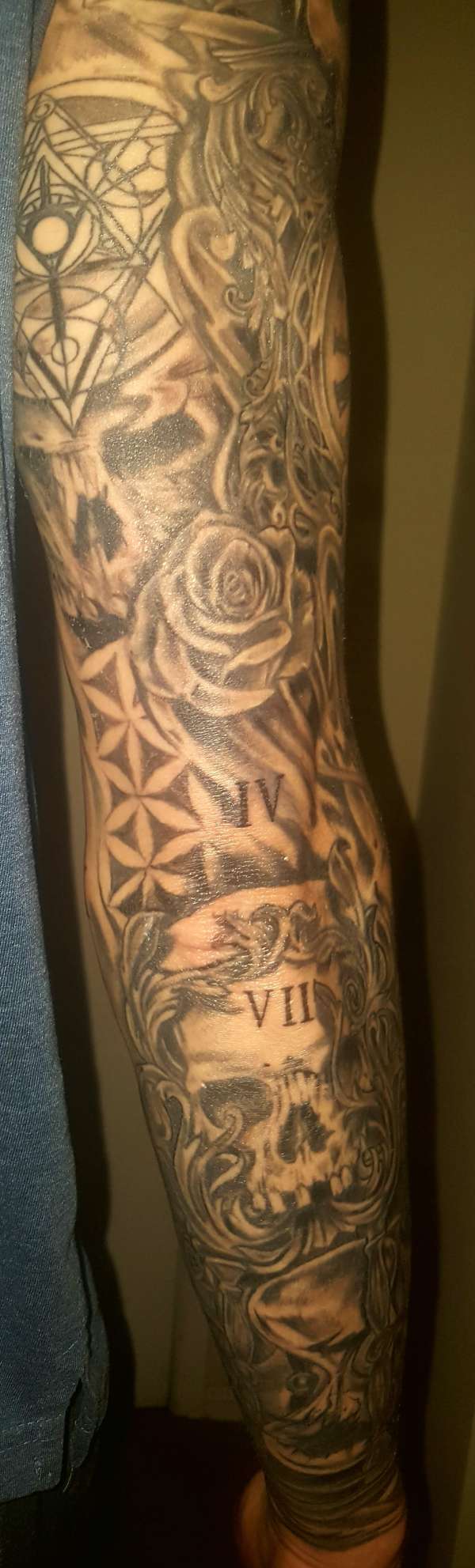Skull, Roses ,& Hr Glass (next part of sleeve). tattoo