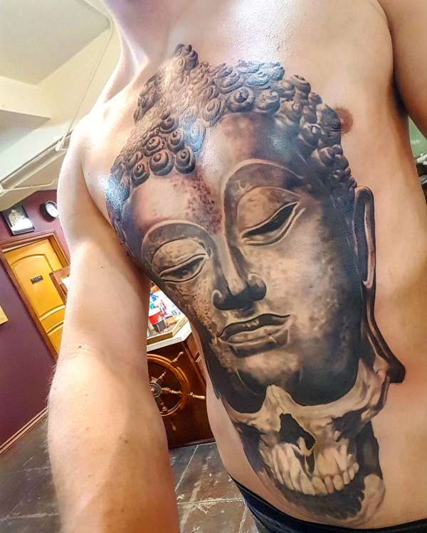 Torso Mashup Skull Buddha tattoo