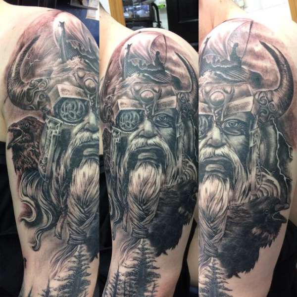 Odin in storm with ravens and longship tattoo