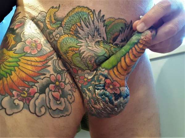Pubic genital double headed dragon tattoo
