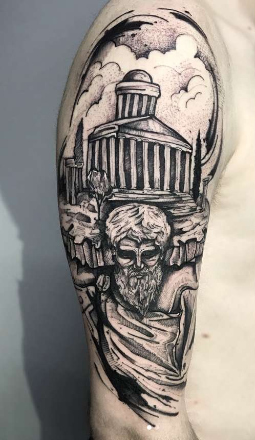 greek holding olympus tattoo