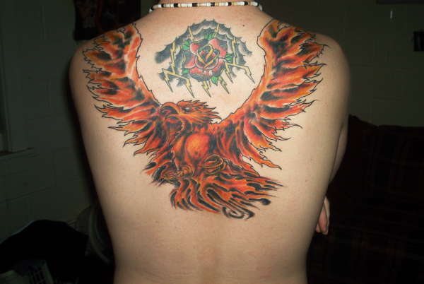 Phoenix around Rose tattoo