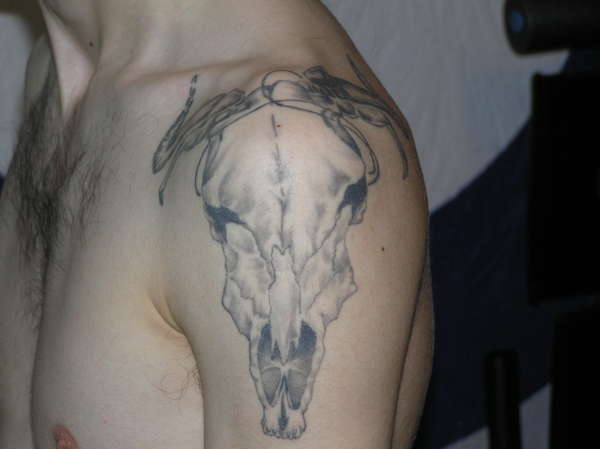 cow skull with brake levers on horns tattoo