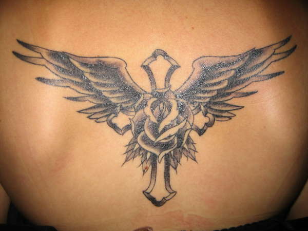 winged rose cross tattoo