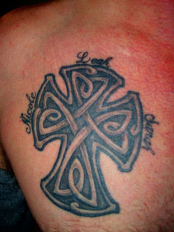 Celtic Cross with Daughter's names tattoo