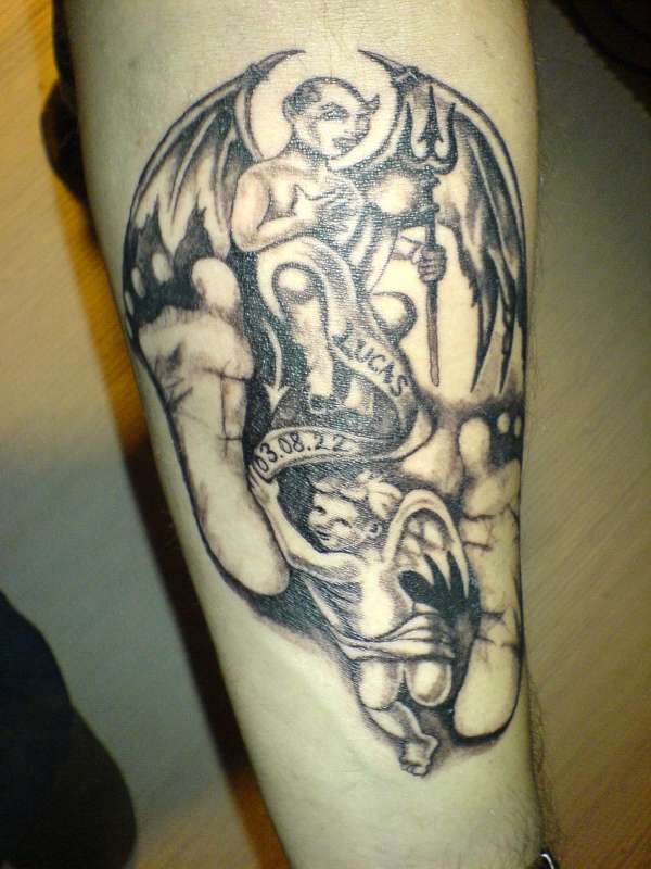 Fotprints left underarm "angel and a devil" tattoo