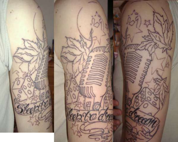 Mircophone/Dice/Stars/Leaves Half sleeve tattoo
