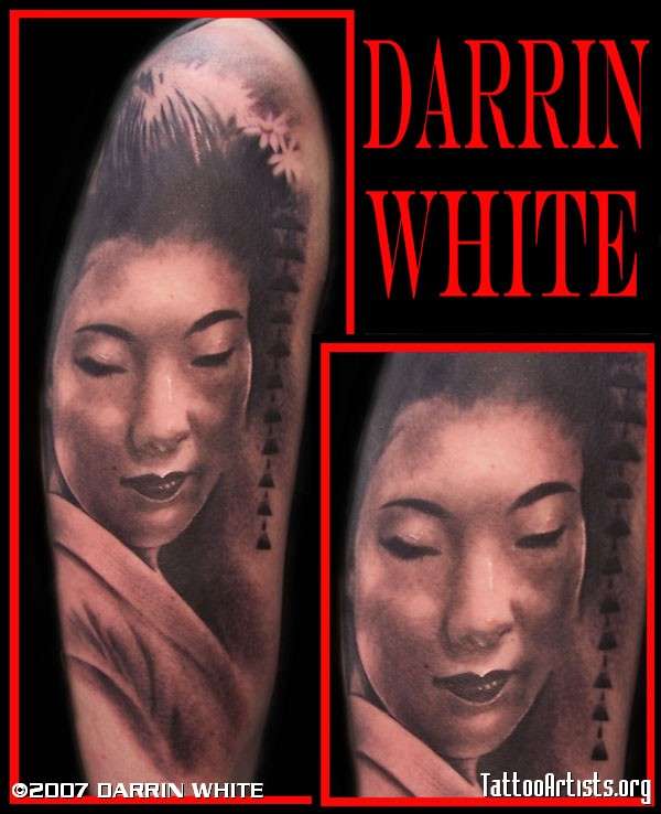 black and grey geisha tattoo