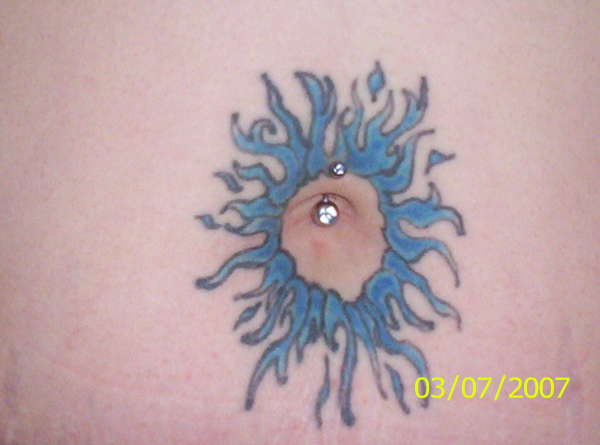 blue flames around my belly button tattoo