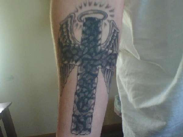 cross with angel wings tattoo
