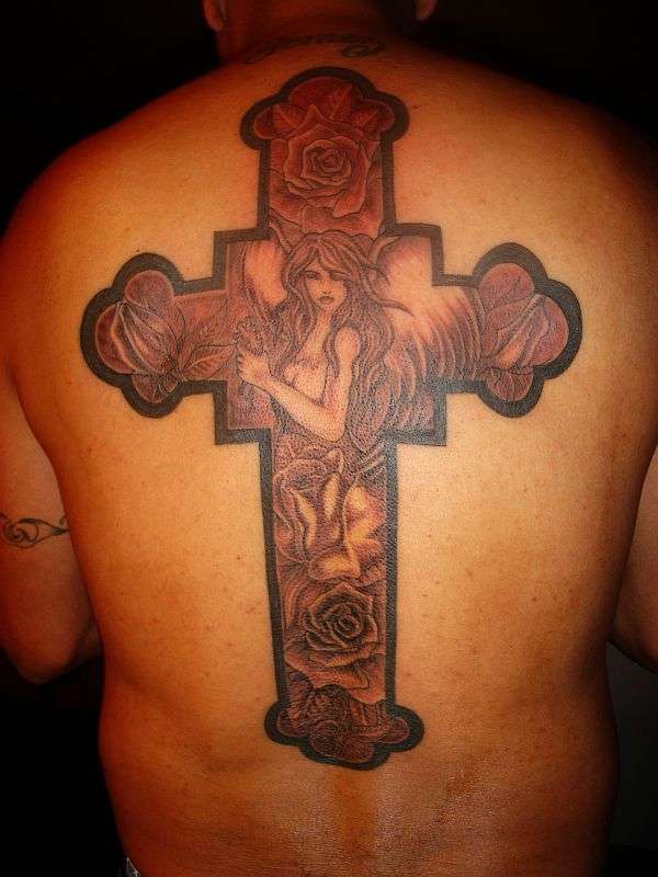 CROSS ON BACK WITH ANGEL & ROSES tattoo