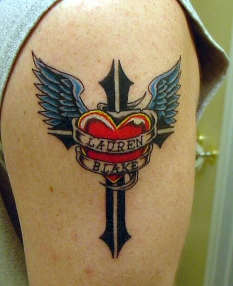 Heart, Cross and Wings tattoo