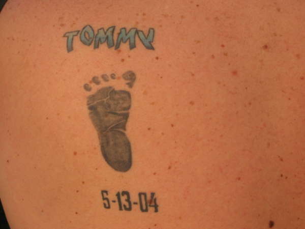 sons foot print at 6 weeks old tattoo