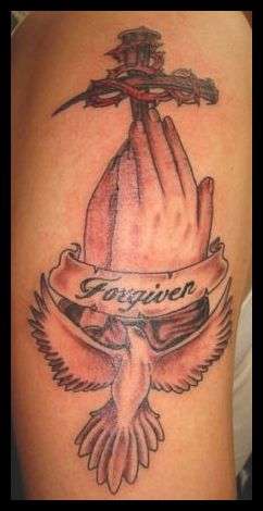 CROSS, PRAYING HANDS, BIRD tattoo