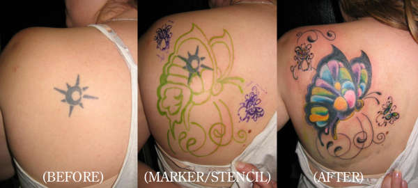 COVER UP, TRIBAL SUN TO BUTTERFLIES tattoo