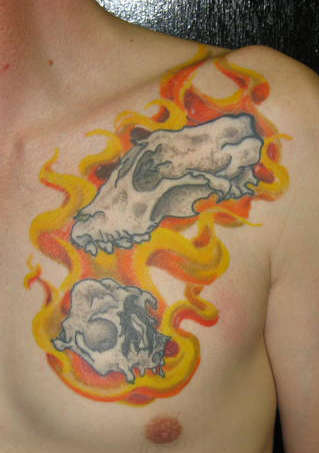 CAT & DOG SKULL IN FLAMES tattoo