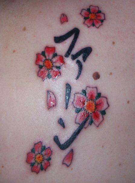 Kanji and Cherry Blossoms tattoo