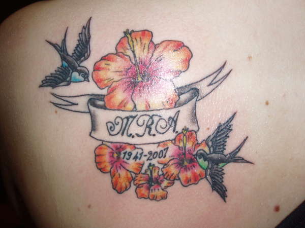Sparrows & hibiscus flowers tattoo