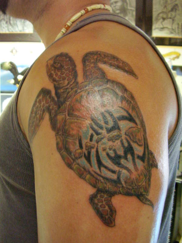 sea turtle with hawaii islands tattoo