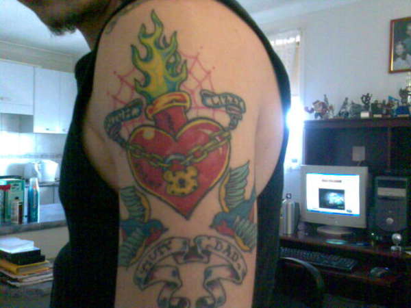 birds, heart, flames tattoo