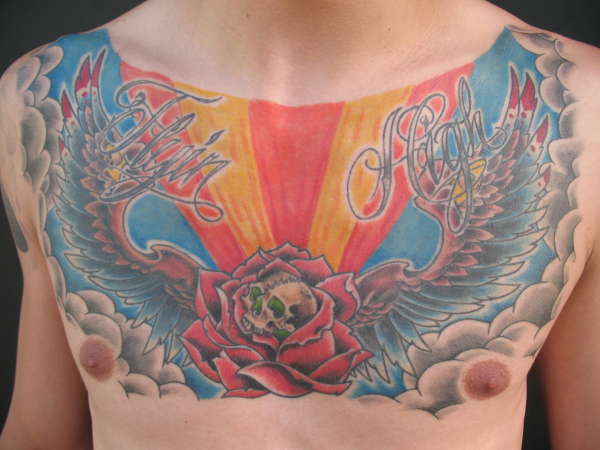 skull rose chest panel tattoo