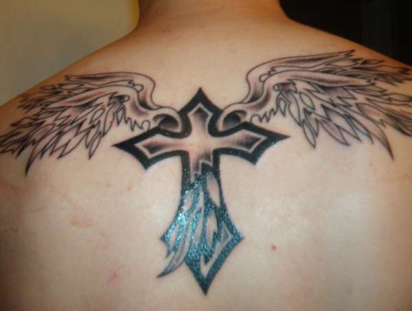 Tribal Wings with a Celtic cross tattoo