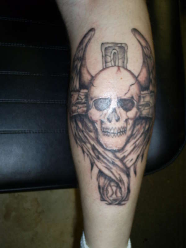 winged skull and cross tattoo