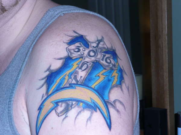 Cross and San Diego Chargers logo tattoo