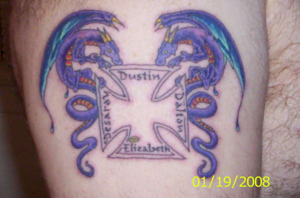 dragons with cross and kids names tattoo