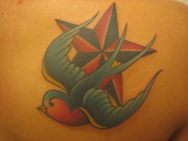 *Closeup* Nautical Star and Sparrow tattoo