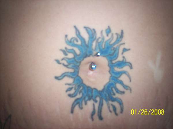 blue flames around belly button tattoo