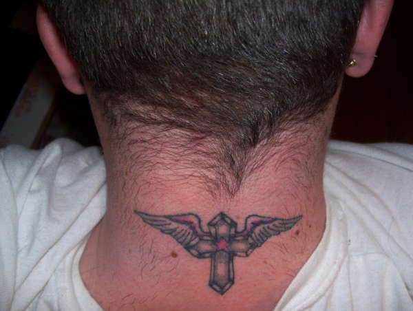 cross with wings n star on neck tattoo