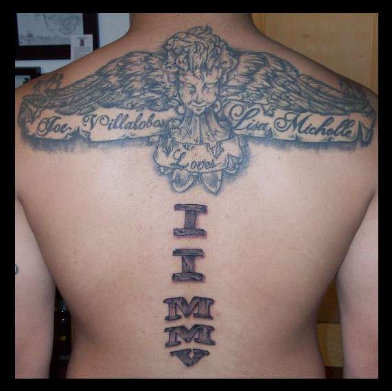 Angel for my Wife and Our anniversary in Roman Numerals tattoo
